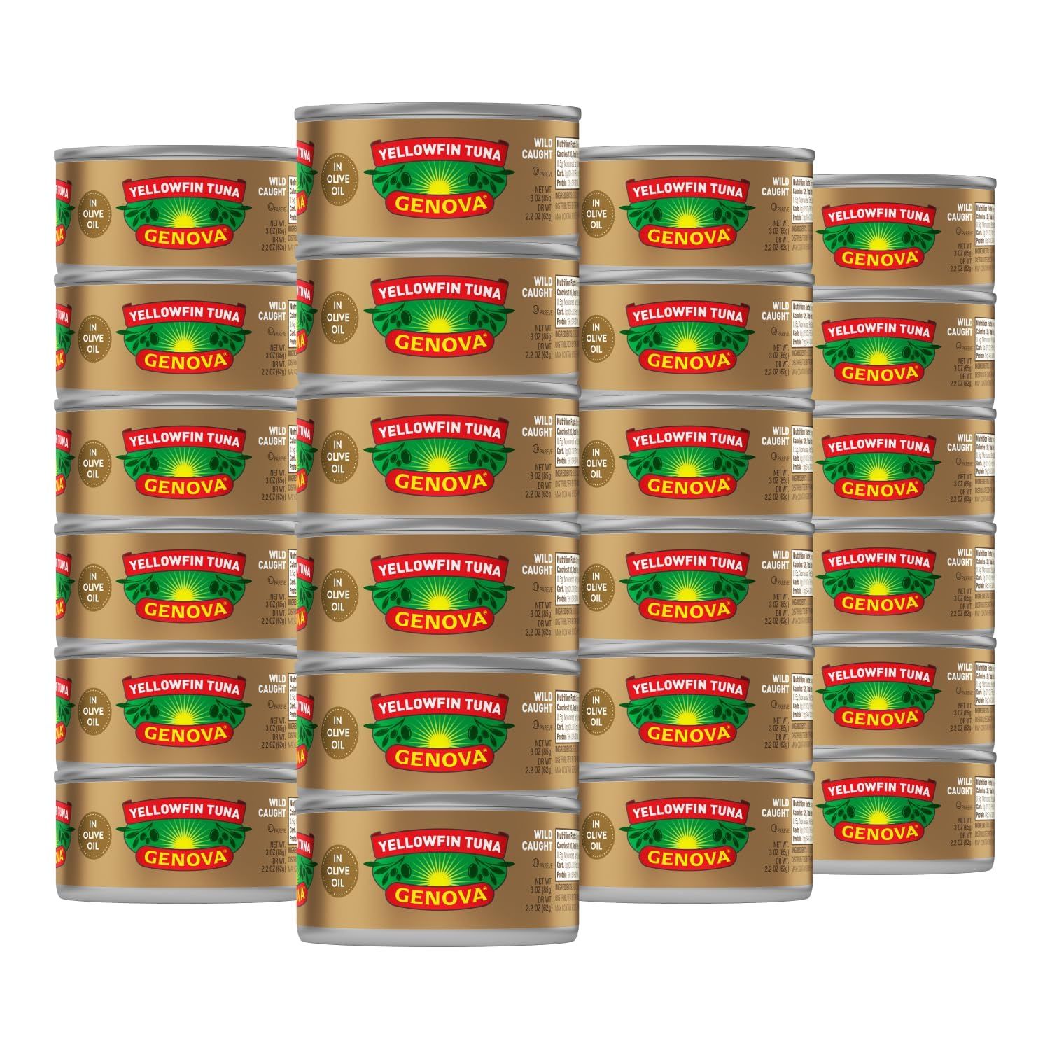 Genova Premium Yellowfin Tuna in Olive Oil, 3 Ounce Cans (Pack of 24), Wild Caught Canned Tuna, Solid Light