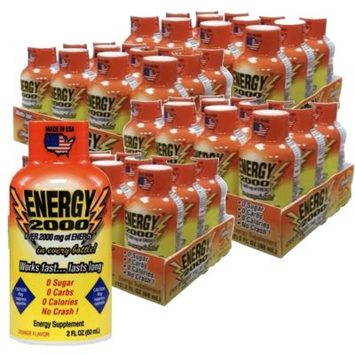 Global Brands ENERGY 2000 Energy Shot | Orange Flavor | 2 oz. | 48 Count | Sugar-Free, Zero Calories &amp; Zero Carbs | 220 mg Caffeinated Energy Shot
