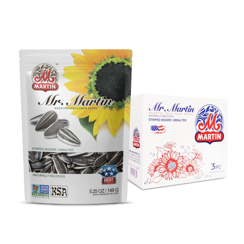 MR. MARTIN Freshly Roasted Unsalted Sunflower Seeds to eat -Non-GMO, Kosher, Crunchy, Delicious, Vegan, Keto Friendly, Low Sodium Snack- 5.25 Oz, 3 Pack