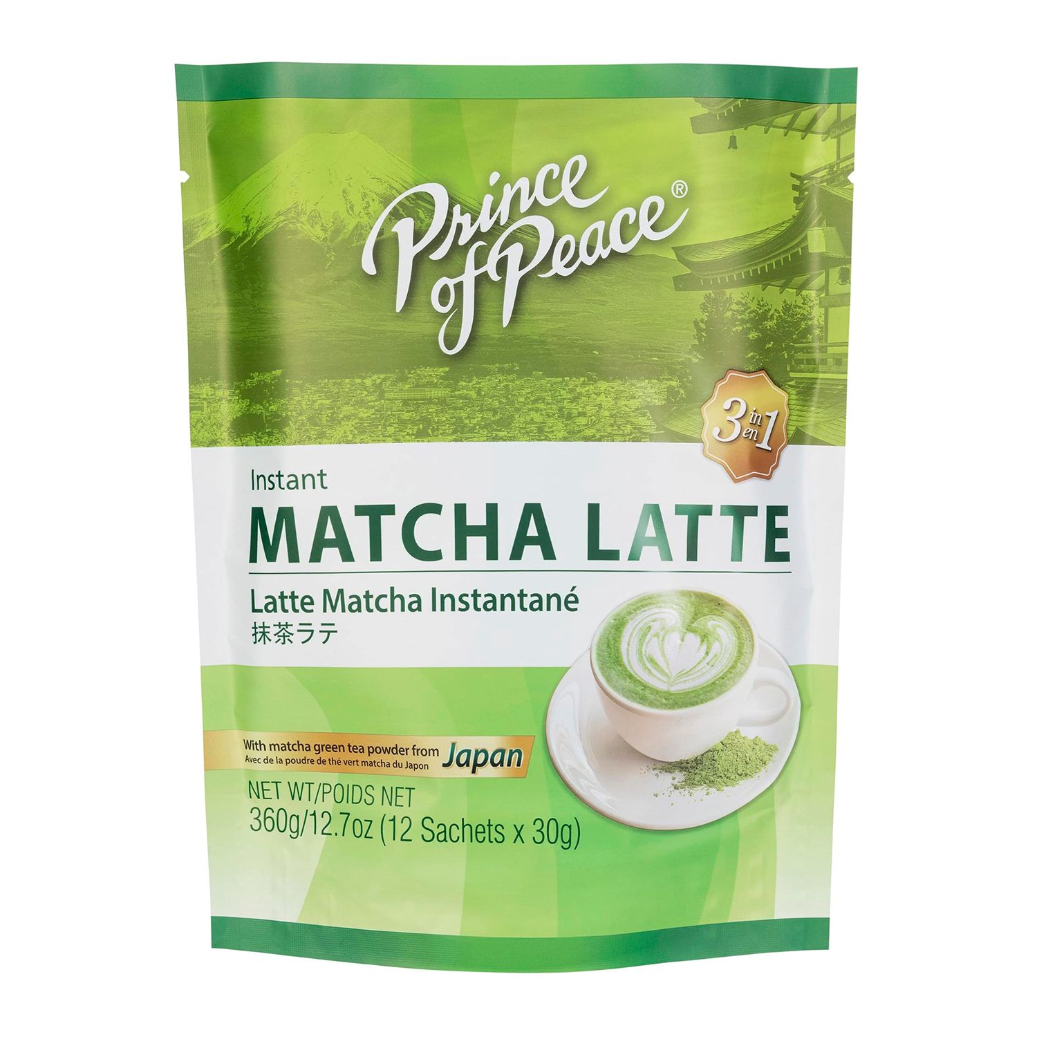 Prince of Peace 3 in 1 Matcha Latte - Instant Beverage - 12 Sachets - Easy to Brew - Authentic Japanese Matcha Powder - Natural Ingredients - Natural Antioxidants - Authentic, Rich Taste