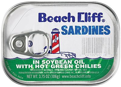 BEACH CLIFF Sardines in Soybean Oil with Hot Green Chilies, 3.75 Ounce Cans (Pack of 18), Wild Caught, High Protein Food, Keto Food, Gluten Free, High Protein Snacks, Canned Food, Bulk Sardines