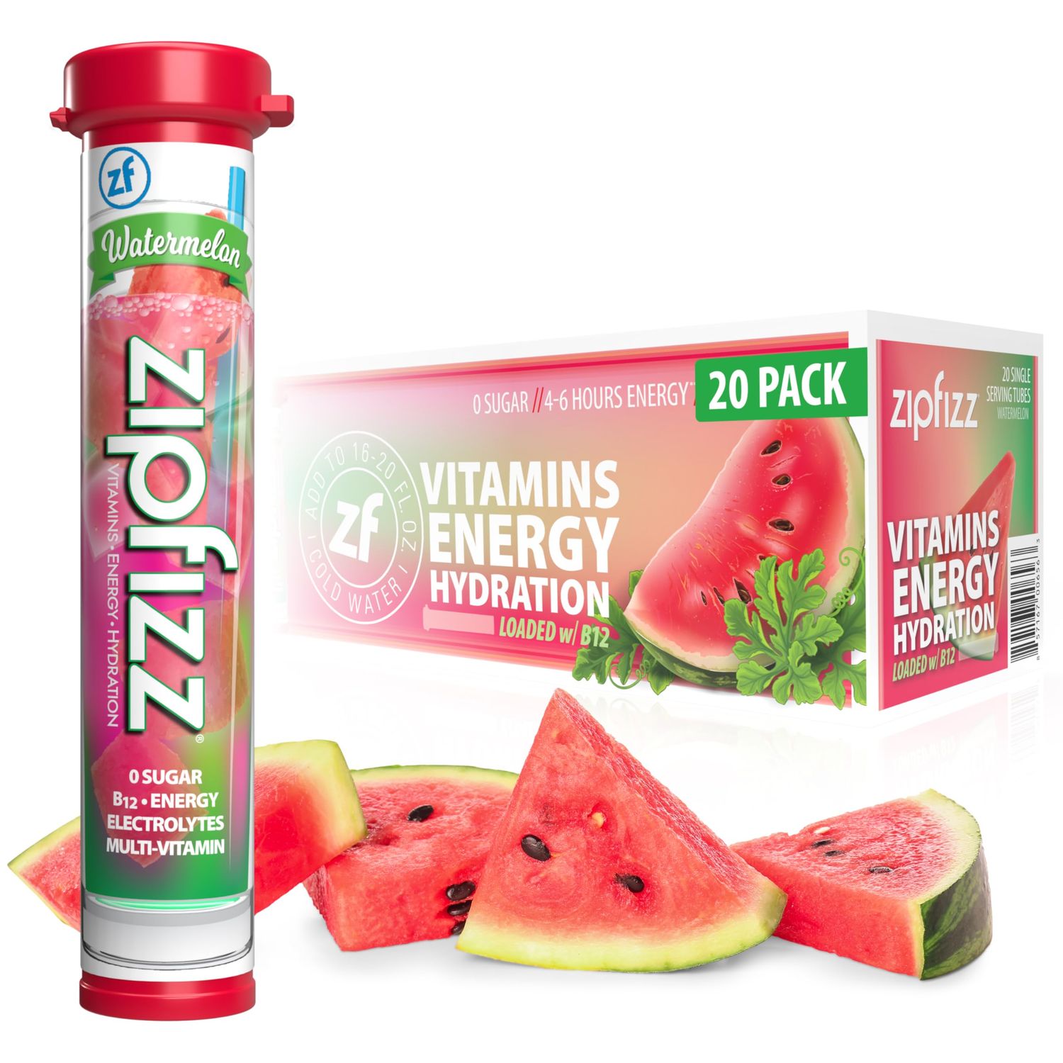 Zipfizz Daily Energy Drink Powder, Watermelon, 20 Pack | 3-in-1 Sustained Energy, Rapid Hydration, and Essential Vitamins | Sugar-Free | Electrolyte Powder | Contains Vitamin B-12 &amp; Antioxidants