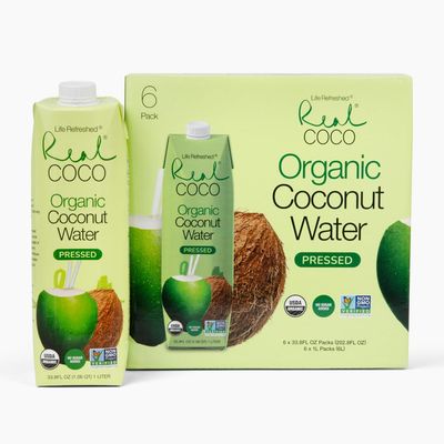 Real Coco Organic Pressed Coconut Water (6-Pack 1L), USDA Organic, No Sugar Added, Essential Electrolytes, Plant Based, NON GMO, Dairy &amp; Soy Free