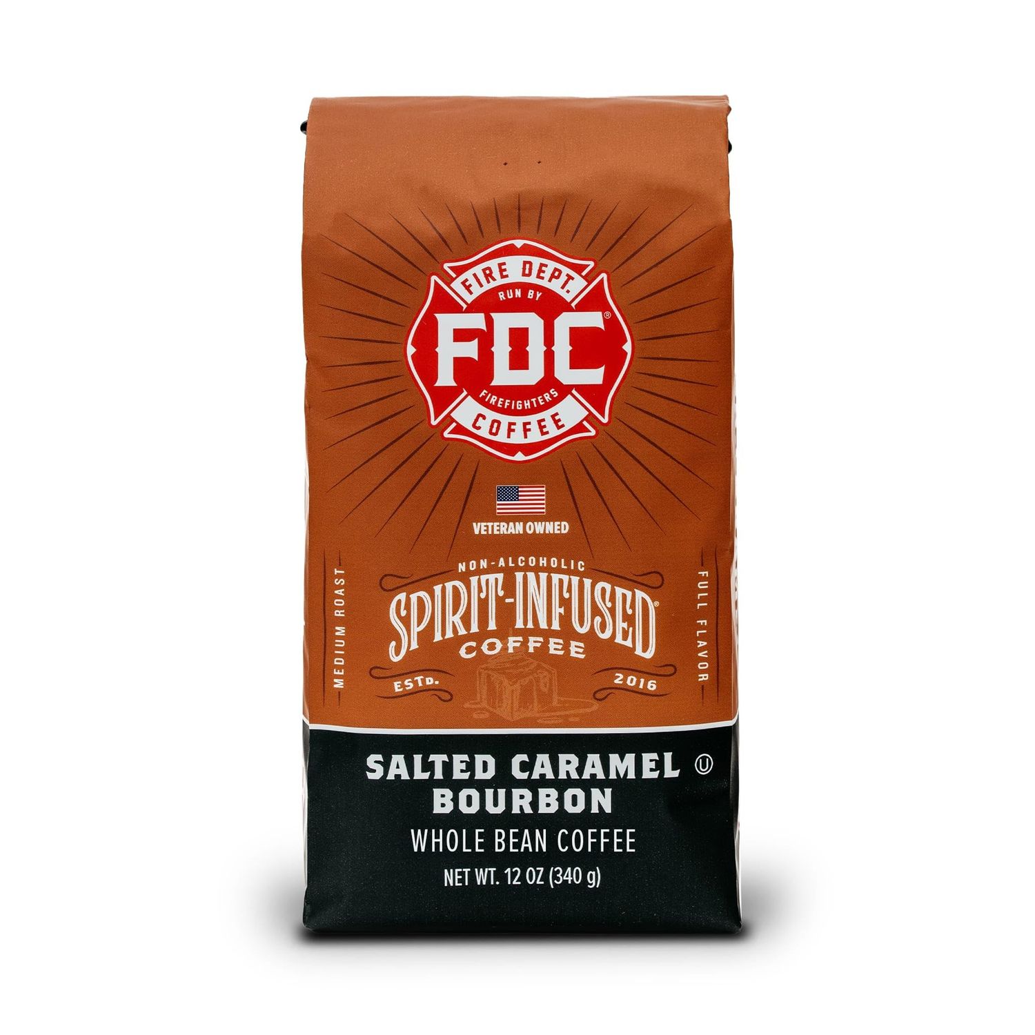 Fire Department Coffee - Salted Caramel Bourbon Coffee - Gives Back to Firefighters - Premium Bourbon Infused Whole Bean Coffee - Non-Alcoholic - Roasted in the USA - Veteran Owned - 12 oz