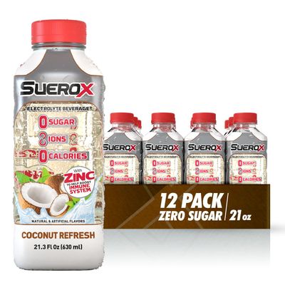 SueroX Zero Sugar Electrolyte Drink for Hydration and Recovery, Unique Blend of Electrolytes &amp; 8 Ions, Zero Calorie Sports Drink, 21.3 Fl Oz, Coconut Refresh, 12 Count