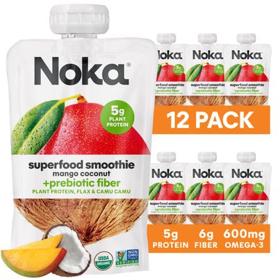 Noka Superfood Fruit Smoothie Pouches, Mango Coconut, Healthy Snacks with Flax Seed, Plant Protein and Prebiotic Fiber, Vegan and Gluten Free Snacks, Organic Squeeze Pouch, 4.22 oz, 12 Count