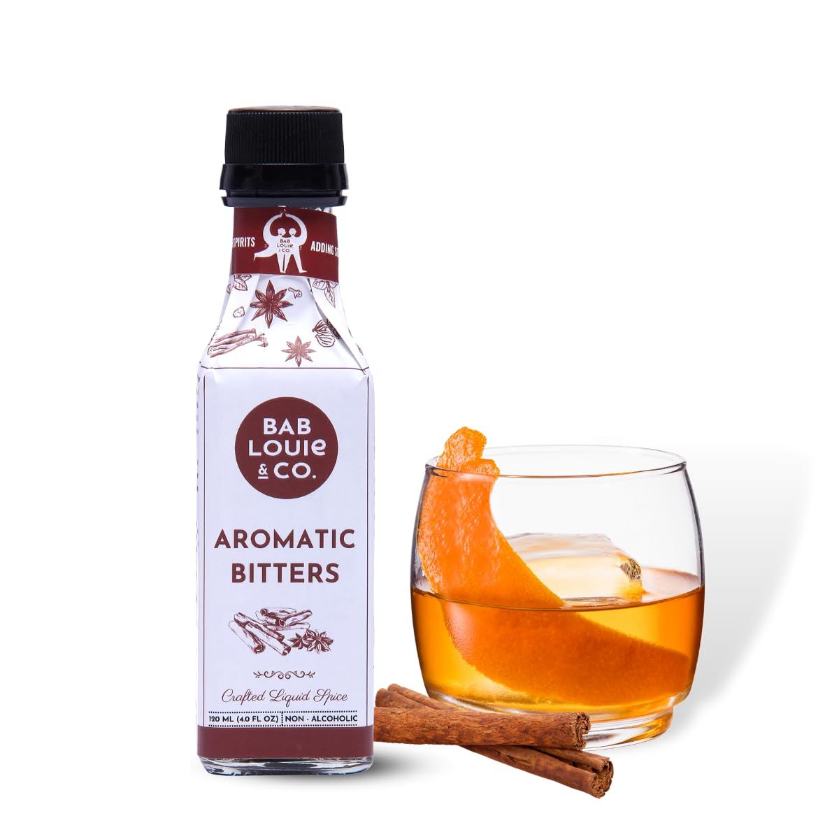 Bab Louie &amp; Co. Aromatic Bitters for Cocktails, Non Alcoholic Bitters Old Fashioned Mix (120ml/4 Fl. Oz), Whiskey Sour Mix, Mixer for Mocktails, Whiskey Gifts for Men, 100% Natural Made with Herbs
