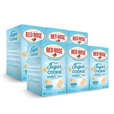 Red Rose Sweet Temptations Dessert Tea Sugar Cookie, Zero Carbs, Zero Sugar Bursting with Flavor Caffeine-Free Delicious Beverage Herbal Tea, 18 Count Pack of 6 Fruit Naturally Flavored Herbal Tea