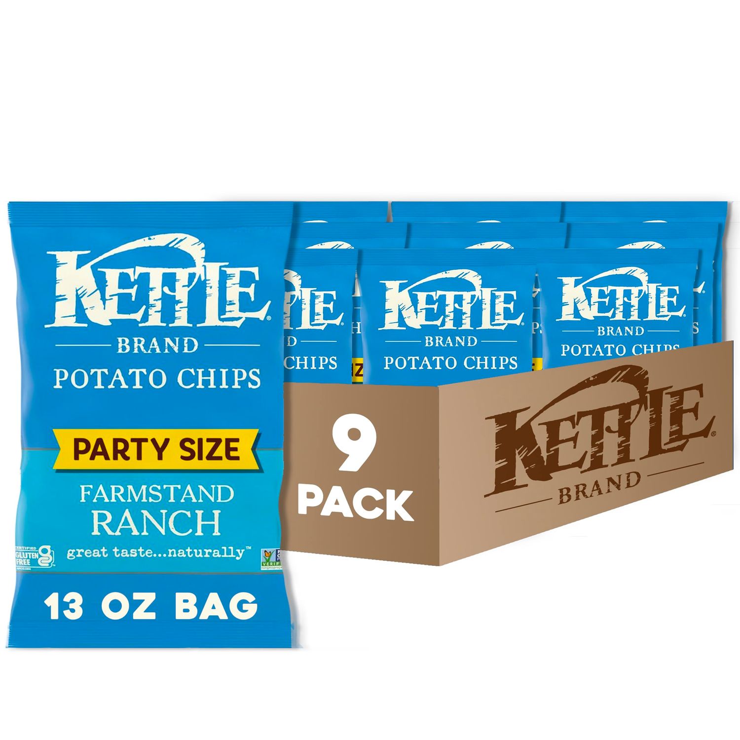 Kettle Brand Potato Chips, Farmstand Ranch Kettle Chips, Party Size, 13 Oz (Pack of 9)