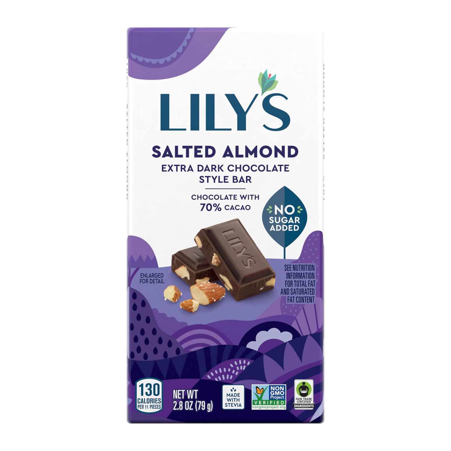Salted Almond Dark Chocolate Bar by Lily&#39;s | Made with Stevia, No Added Sugar, Low-Carb, Keto Friendly | 70% Cocoa | Fair Trade, Gluten-Free &amp; Non-GMO | 2.8 ounce, 4-Pack