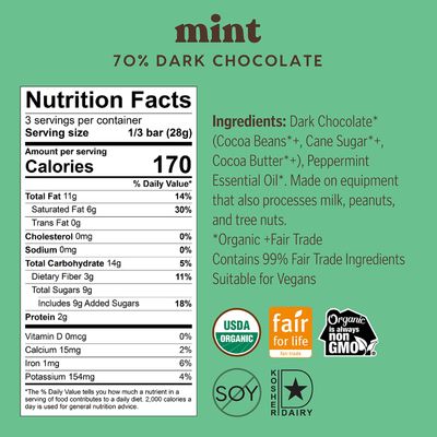 Theo Chocolate Mint Organic Dark Chocolate Bar, 70% Cacao, 12 Pack | Vegan, Fair Trade