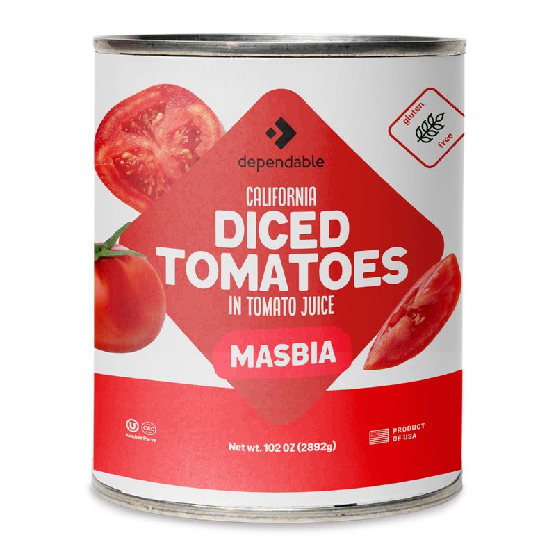 Dependable Foods Diced Tomatoes - 6.375 Lbs., 102 oz.- California Crushed Tomatoes in Tomato Juice - Bulk Can - Gluten-Free, Allergen-Free, Kosher