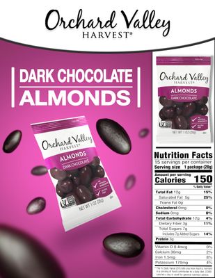 Orchard Valley Harvest Dark Chocolate Almonds, 1 Ounce Bags (Pack of 15), Gluten Free, Non-GMO, No Artificial Ingredients