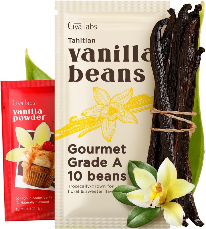 Gya Labs 10 Tahitian Vanilla Beans for making Vanilla Extract - Grade A Vanilla Beans for Baking - 5-7 Inches (12 to 15 CM) long Vanilla Pods, Caviar Rich, Flavorful Fresh Vanilla Bean Pods