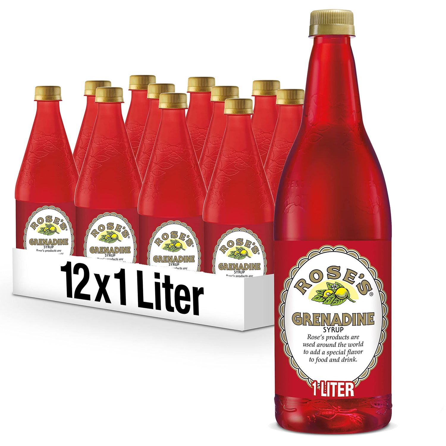 Rose&#39;s Grenadine, 1 L bottle (Pack of 12), Made with Pomegranate Flavor, Mixer to Add to Cocktails and Non-Alchoholic Drinks, Trusted by Bartenders