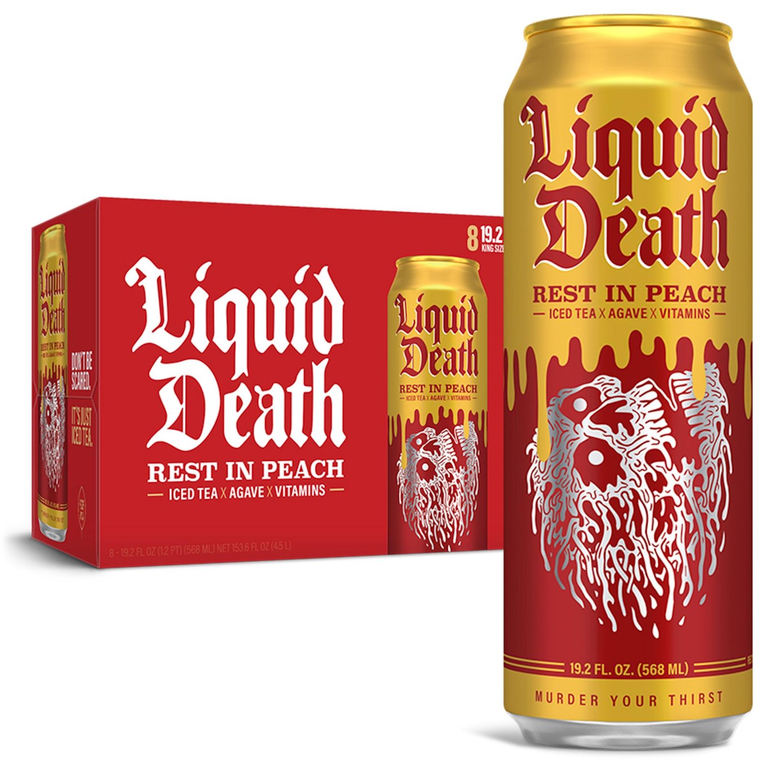 Liquid Death, Rest In Peach Iced Tea, 8-Pack (King Size 19.2oz Cans), Peach Flavored Tea Sweetened With Real Agave, B12 &amp; B6 Vitamins, Low Calorie &amp; Low Sugar