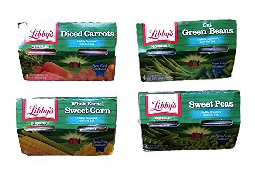 Diced Carrots, Cut Green Beans, Whole Kernel Sweet Corn, Sweet Peas - Variety Pack of 4 Libby&#39;s Microwavable Individual Cups (16 Servings Total) - Bundle