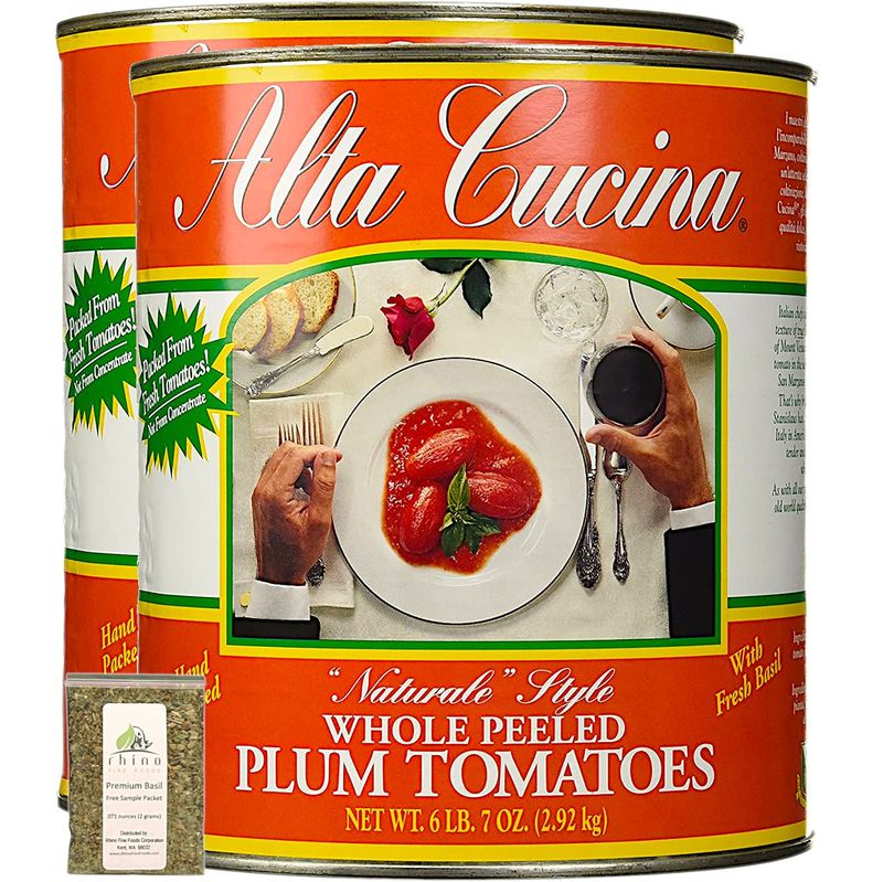 Stanislaus, Alta Cucina Whole Peeled Plum Tomatoes (Pack of 2), Pizza to Pasta by Best Italian Chefs, Size #10 Can (6 lb, 7 oz) 103 oz (each) + Includes-Free Basil Leaves from Rhino Fine Foods.071 oz