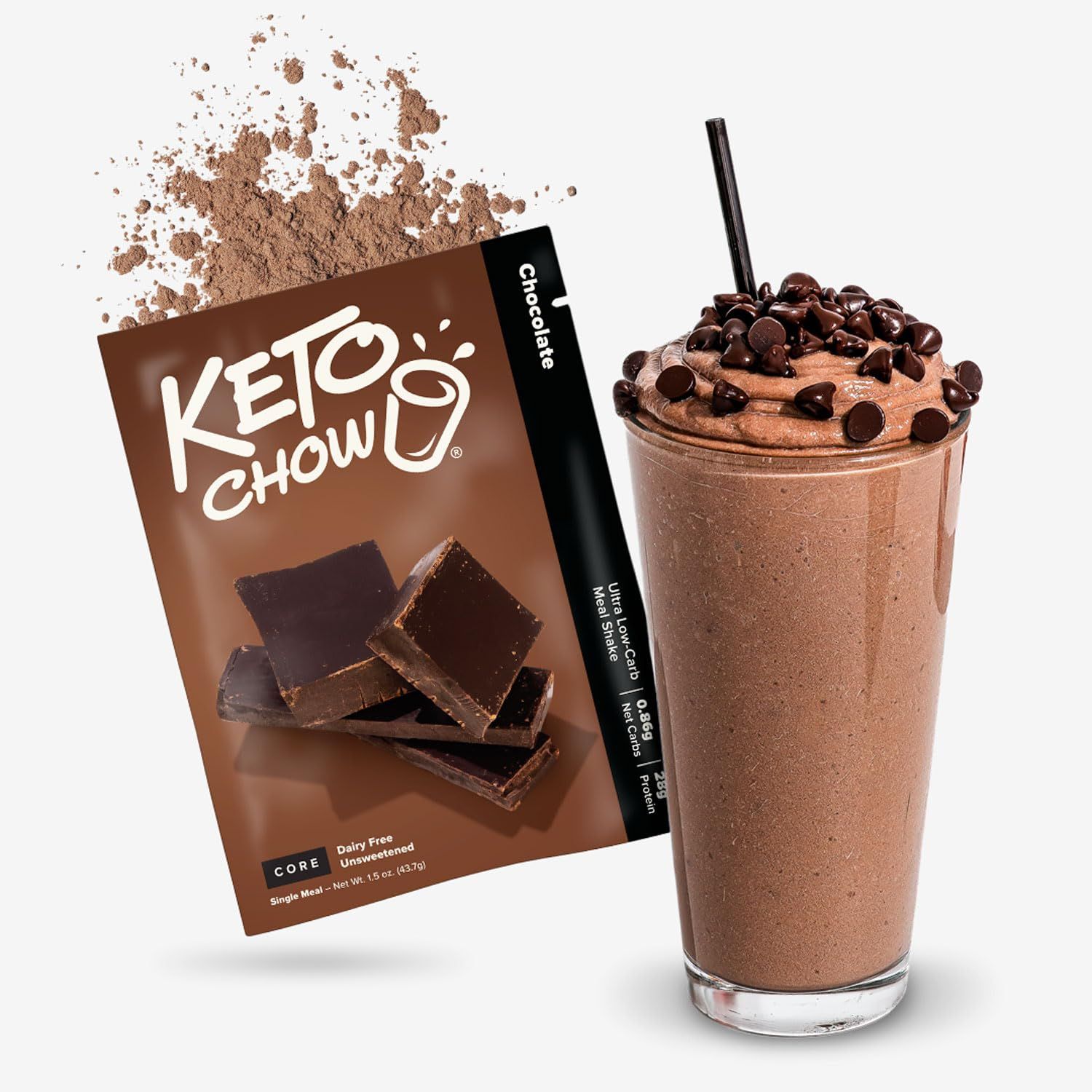 Keto Chow Chocolate Core (Unsweetened) - Keto Meal Replacement Shake Powder - Nutritionally Complete - Low Carb - Delicious Easy Meal Substitute - Protein Rich &amp; Dairy Free - Single Meal Serving