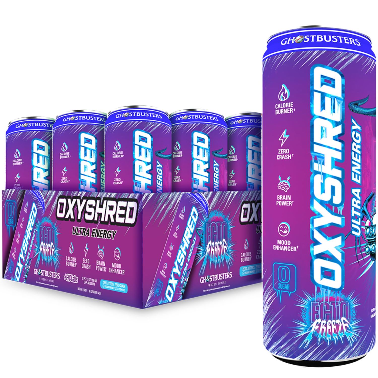 EHP Labs x Ghostbusters OxyShred Healthy Energy Drink - Zero Sugar Energy Drinks, Green Tea Extract, Vitamin C &amp; L Carnitine - Zero Carbs, Zero Calories, Clean Caffeine - Ecto Freeze (12-Pack)