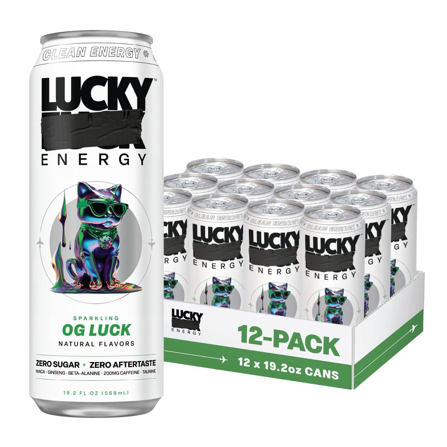 Lucky Energy Sugar Free Energy Drinks 19.2 Fl Oz Cans (Pack of 12) Healthy Energy Drink. OG Luck with Maca, Ginseng, Taurine, Beta-Alanine, 200mg Caffeine (Packaging May Vary)