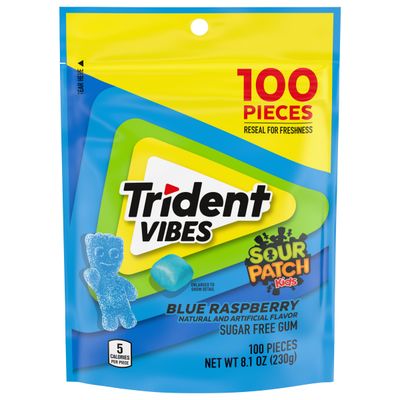 Trident Vibes SOUR PATCH KIDS Blue Raspberry Sugar Free Chewing Gum, Holiday Christmas Stocking Stuffers for Adults &amp; Kids, Resealable Pouch, Pack of 1 (100 Pieces)