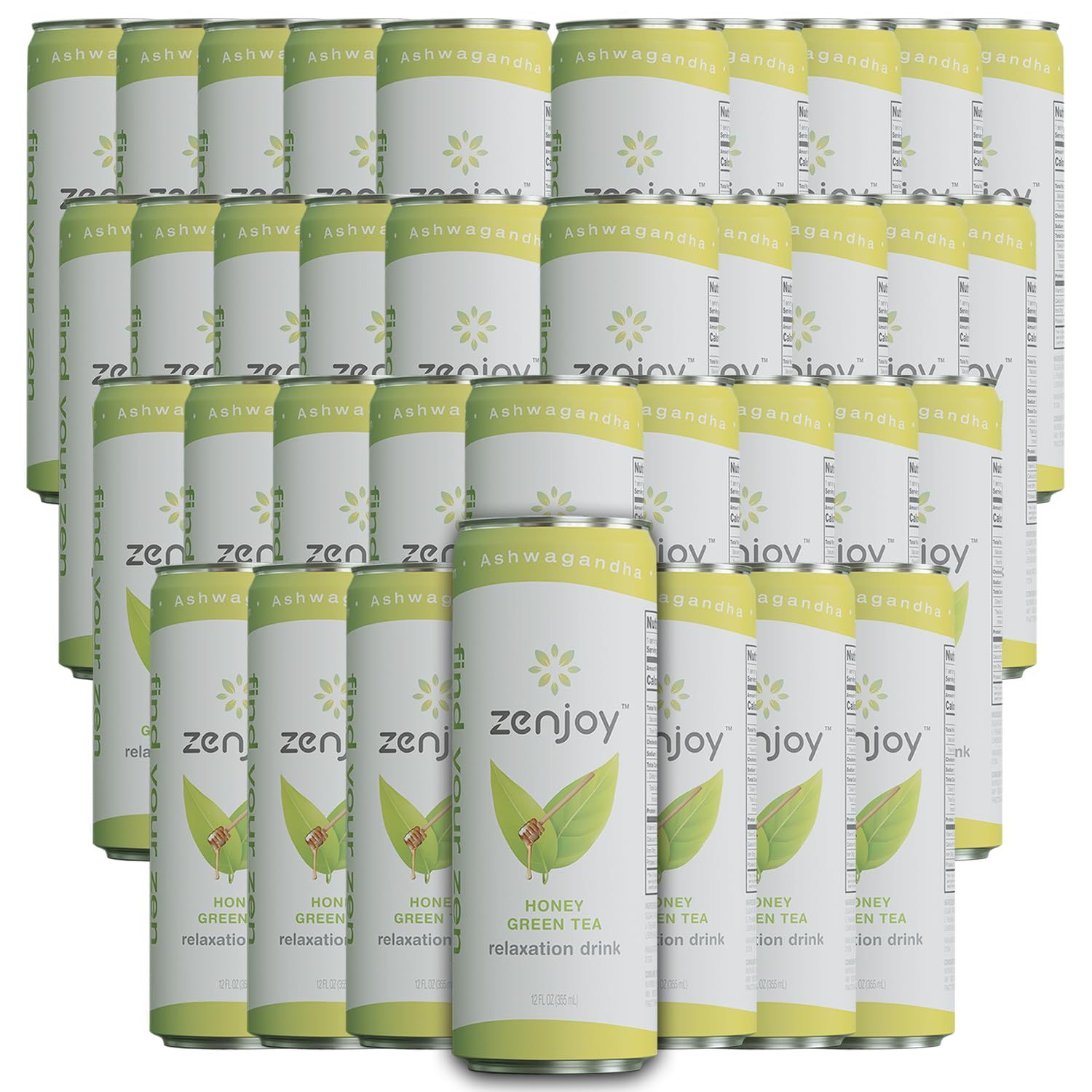Zenjoy Honey Green Tea Relaxation Drink 36 Pack - Calming Drink with Ashwagandha &amp; Lemon Balm - Non-Alcoholic Beverage Infused with L-Theanine for Enhanced Focus - 12oz Cans