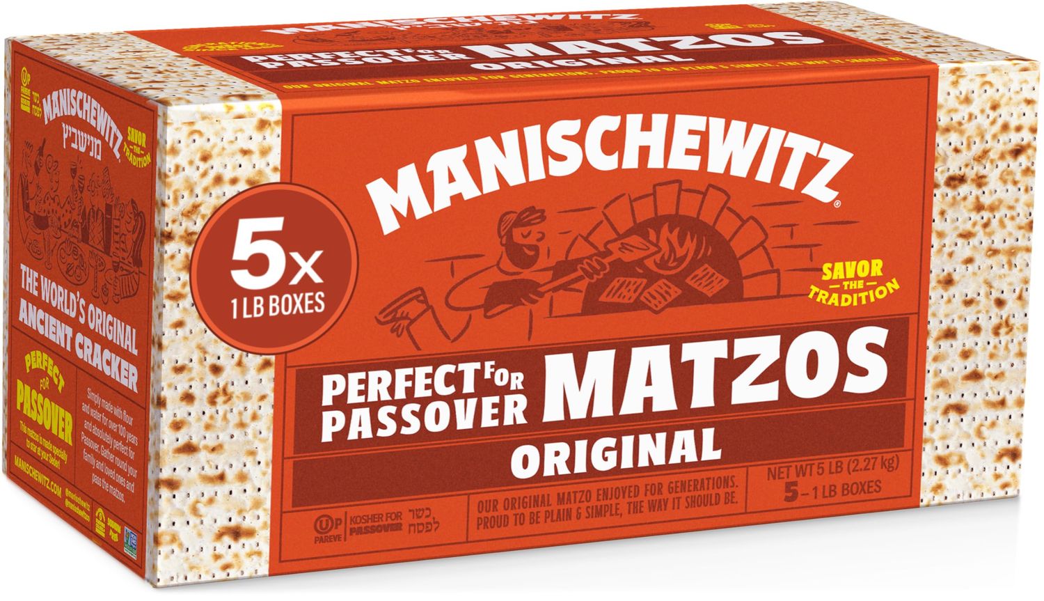 Manischewitz Passover Matzo, 5x1lbs Boxes (Total 5 Boxes) Freshly Baked for Passover 2024 | Just 2 Ingredients | Airy, Thin, Crisp &amp; Delicious!