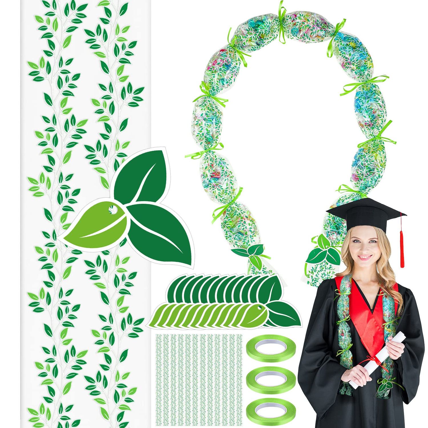 Kisston Graduation Candy Lei Making Kit Hawaiian Candy Lei Kit, Includes 12 Pcs Candy Lei Bags, 3 Rolls Ribbon, 24 Pcs Cards (Green,Leaves)
