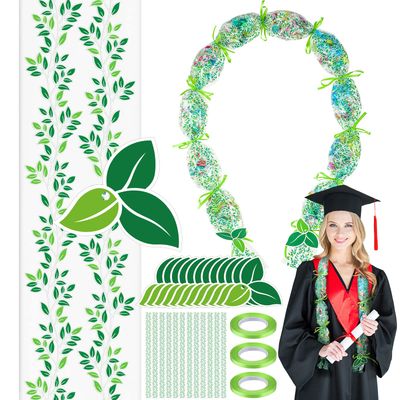 Kisston Graduation Candy Lei Making Kit Hawaiian Candy Lei Kit, Includes 12 Pcs Candy Lei Bags, 3 Rolls Ribbon, 24 Pcs Cards (Green,Leaves)