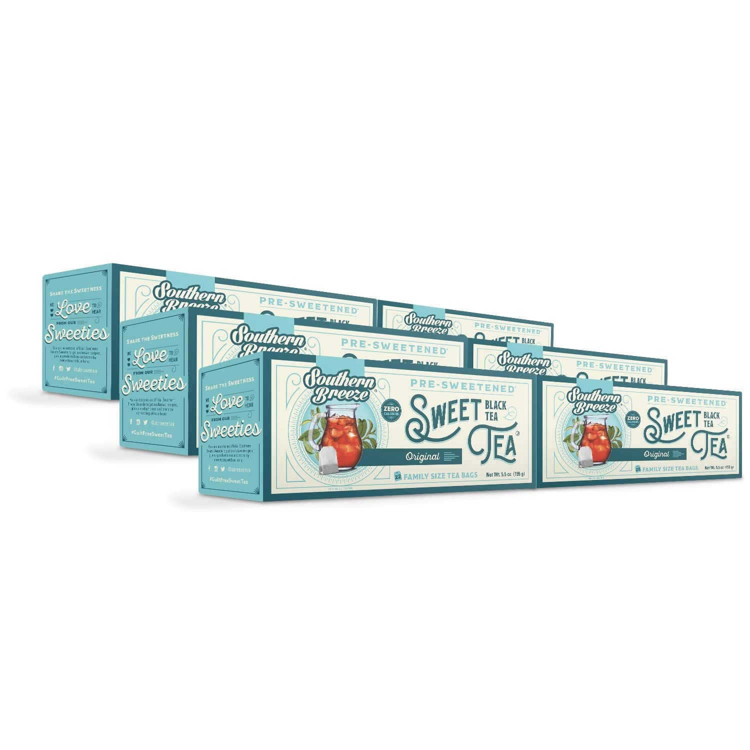Southern Breeze Hot Brew Sweet Tea Original Iced Tea with Black Tea and Zero Carbs Zero Sugar, 22 Individually Wrapped Family Size Tea Bags, Pack of 6