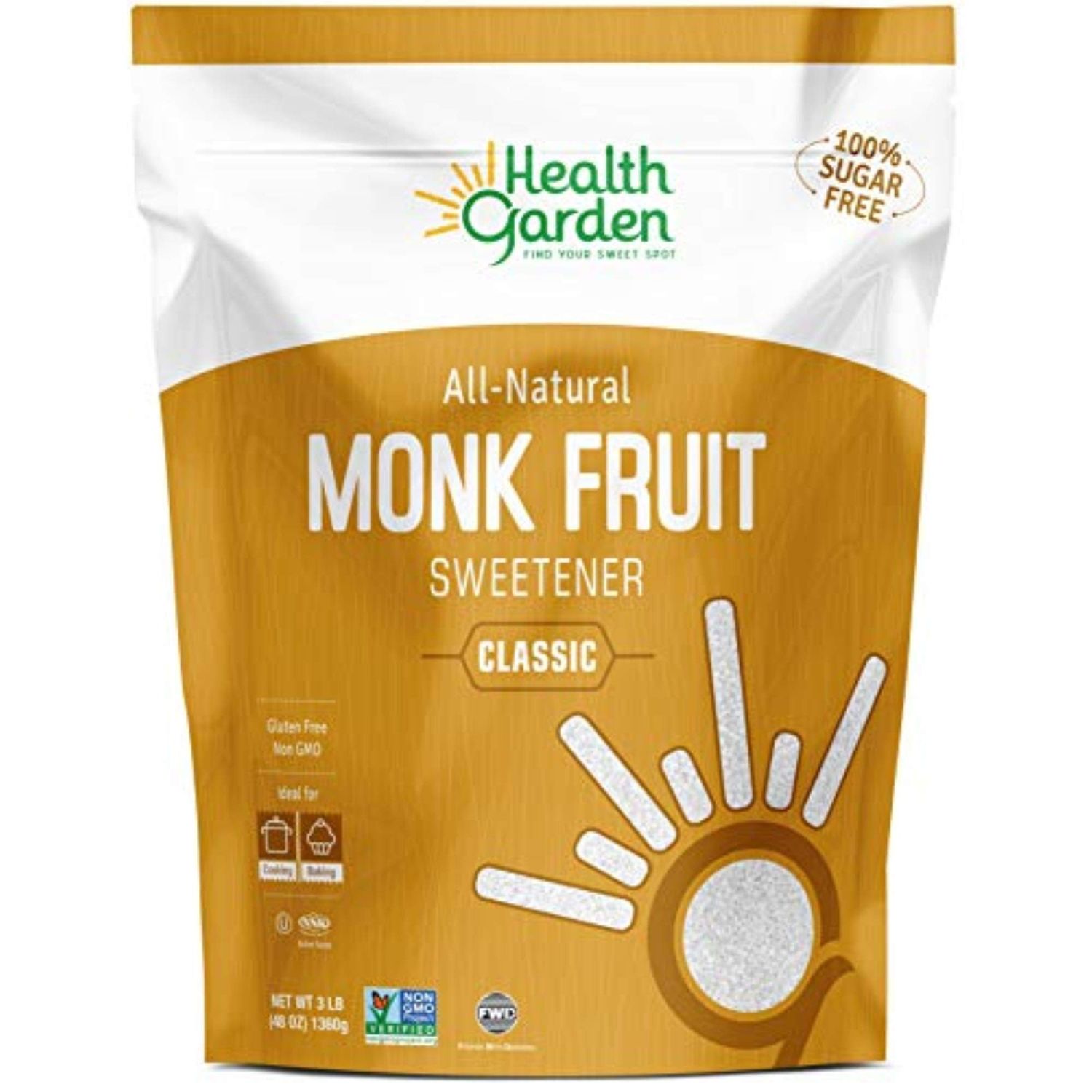 Health Garden Monk Fruit Sweetener, Classic - Non GMO - Gluten Free - Sugar Substitute - Kosher - Keto Friendly (3 lbs)