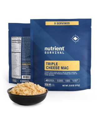 Nutrient Survival MRE Triple Cheese Mac, Ready to Eat Meals (9 Servings) Freeze Dried Prepper Supplies &amp; Emergency Food Supply, 40 Essential Nutritients, Shelf Stable Up to 15 Years, Pantry Pack