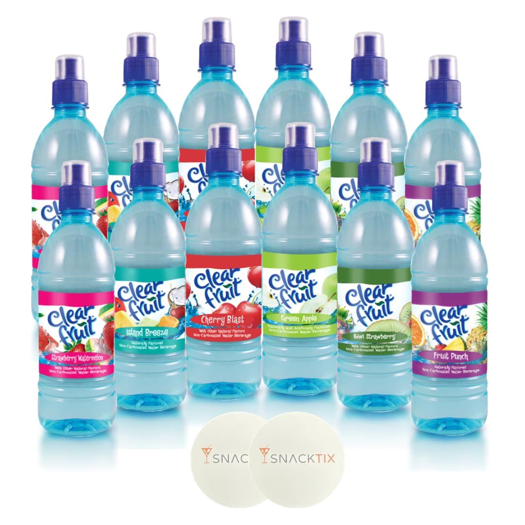 Clear Fruit Water - Variety Pack - 12 Flavored Water Bottles of 16.9 fl oz Each - Liquid Hydration Refreshing and Delicious with Snacktix coaster included