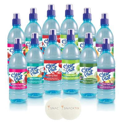 Clear Fruit Water - Variety Pack - 12 Flavored Water Bottles of 16.9 fl oz Each - Liquid Hydration Refreshing and Delicious with Snacktix coaster included