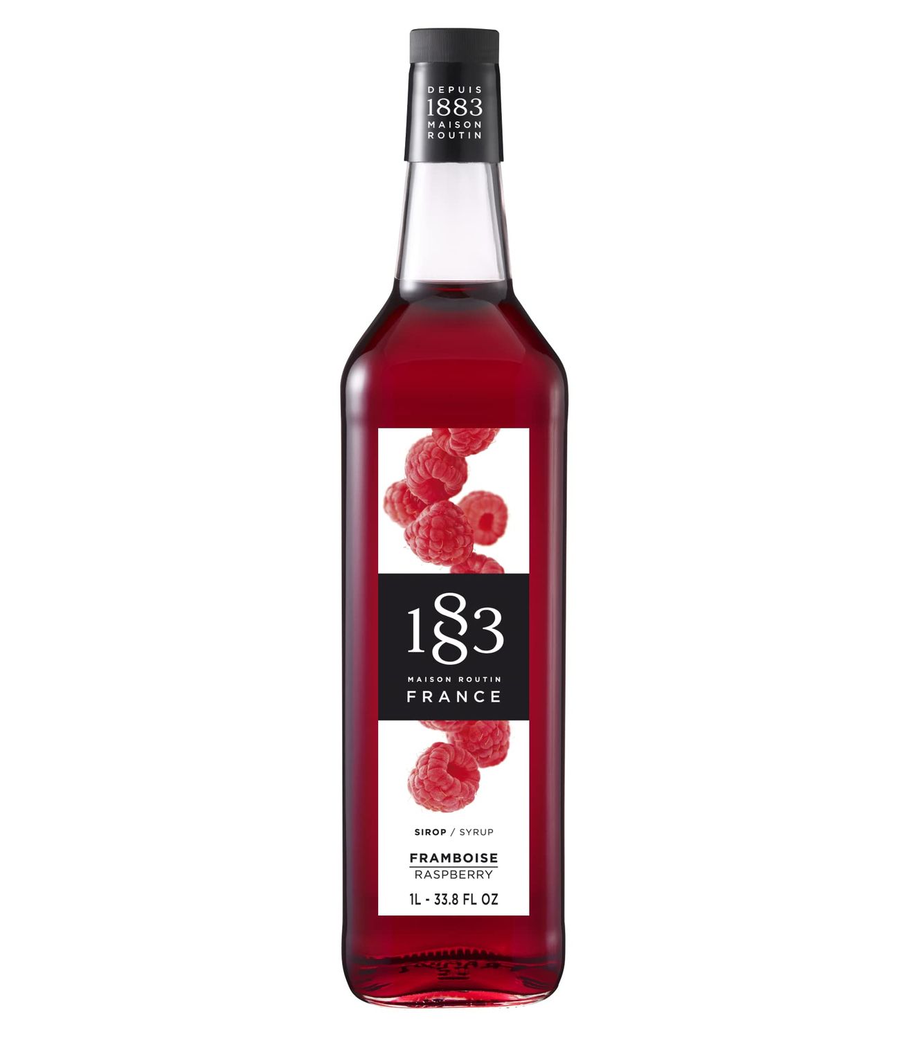 1883 Raspberry Syrup - Flavored Syrup for Hot &amp; Iced Beverages - Gluten-Free, Vegan, Non-GMO, Kosher, Preservative-Free, Made in France | Glass Bottle 1 Liter (33.8 Fl Oz)