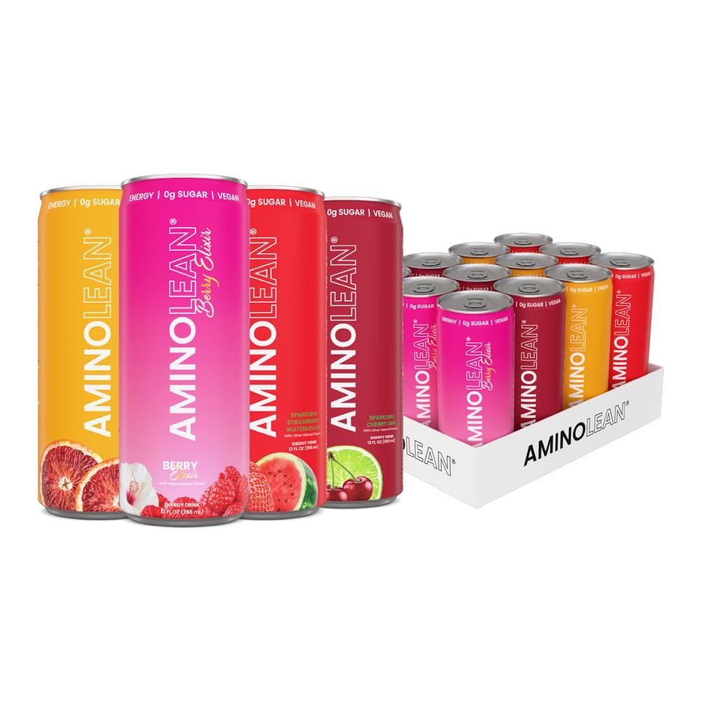 AminoLean Energy Drink - Sugar Free Amino Energy with Natural Caffeine &amp; Vegan Amino Acids for No Jitters, Tingles, or Crash, Variety, 12 Pack