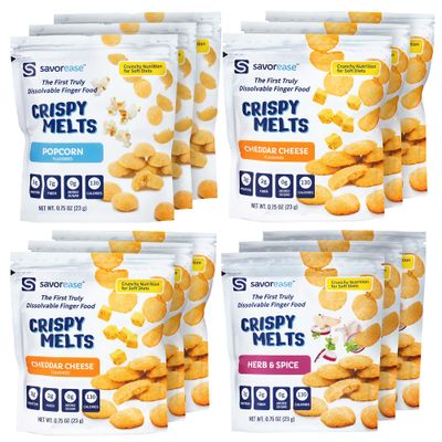 Savorease Crispy Melts Variety Pack - Crunchy Gluten-Free &amp; Non-Dairy Dissolvable Finger Food for Soft Diets Made from Plant-Based Ingredients with No Added Sugar - 12 Pack