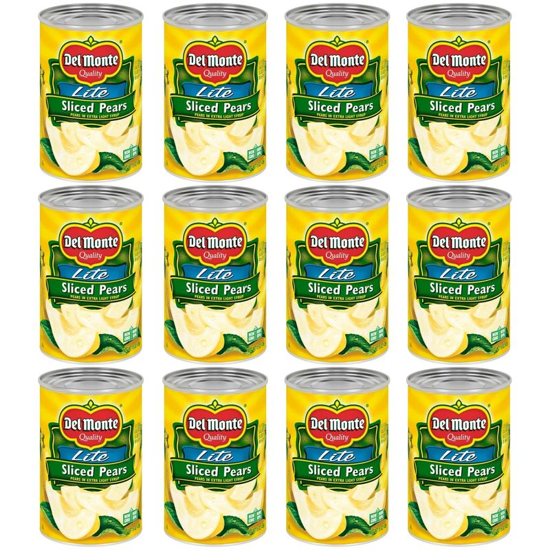 DEL MONTE Lite Sliced Bartlett Pears in Extra Light Syrup, Canned Fruit, 15 Ounce (Pack of 12)