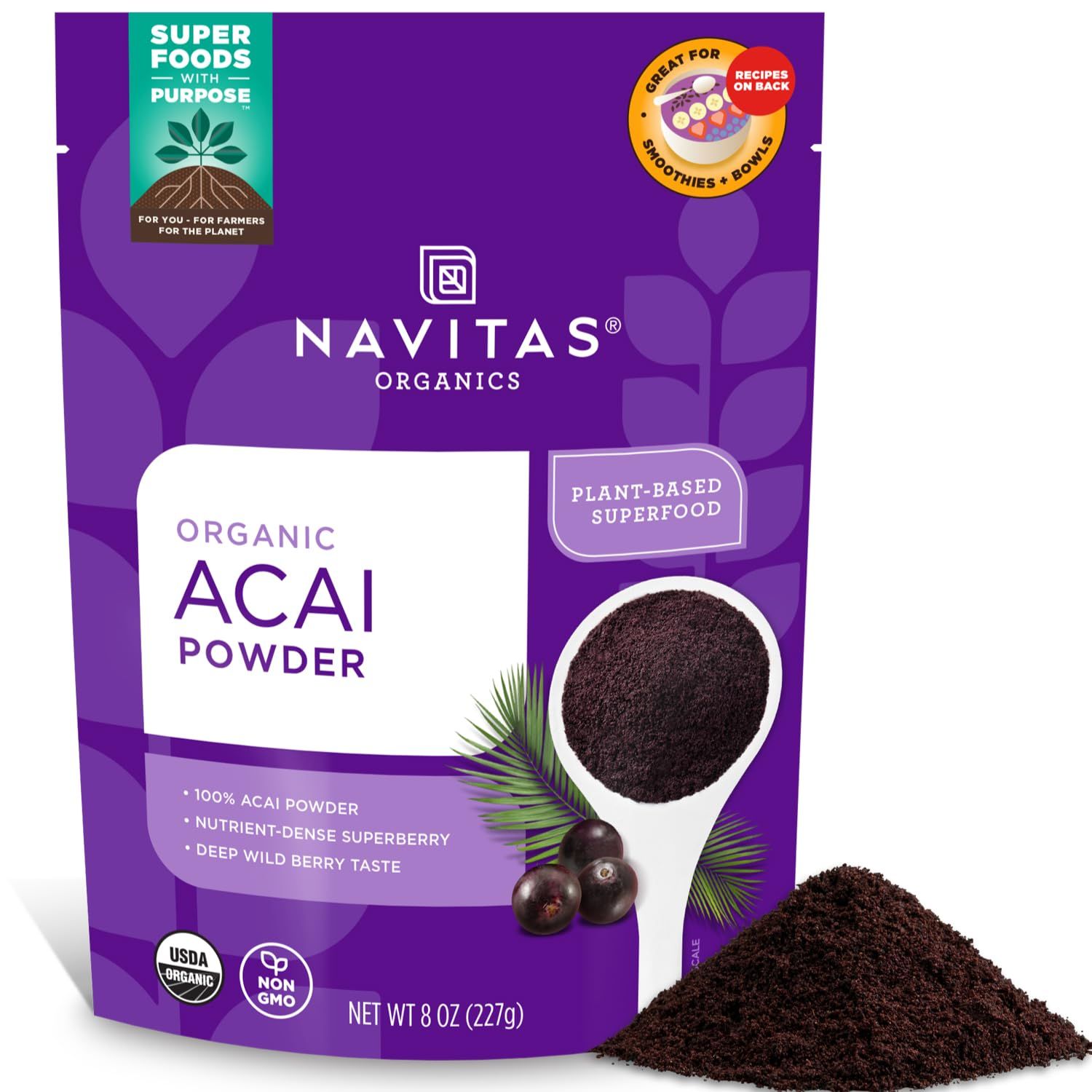 Navitas Organics Acai Powder, 8 oz Bag, 76 Servings - Organic, Non-GMO, Freeze-Dried, Gluten-Free