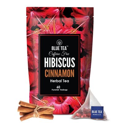 BLUE TEA  Hibiscus Cinnamon Herbal Tea  60 Tea Bags  PRIME SAVINGS DAY  TANGY  SPICY  Caffeine  Free  Farm Packed  Flower Based  Vegan  Gluten Free  NonGMO  EcoConscious Ziplock Pouch