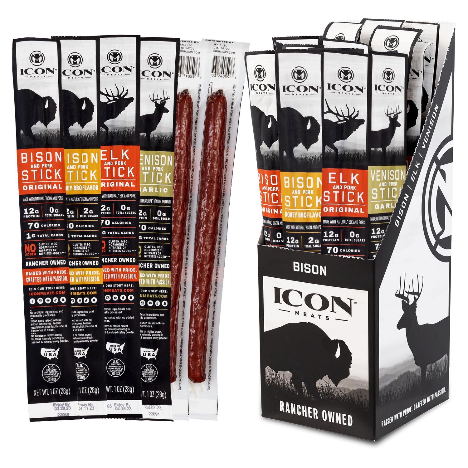 ICON Meats Snack Sticks Sampler - Assorted Flavors of Bison, Elk, Venison and Pork Jerky Sticks - 24 Pack of Individually Wrapped Meat Sticks, 6 Per Flavor - USDA Approved, All Natural Artisan Meats