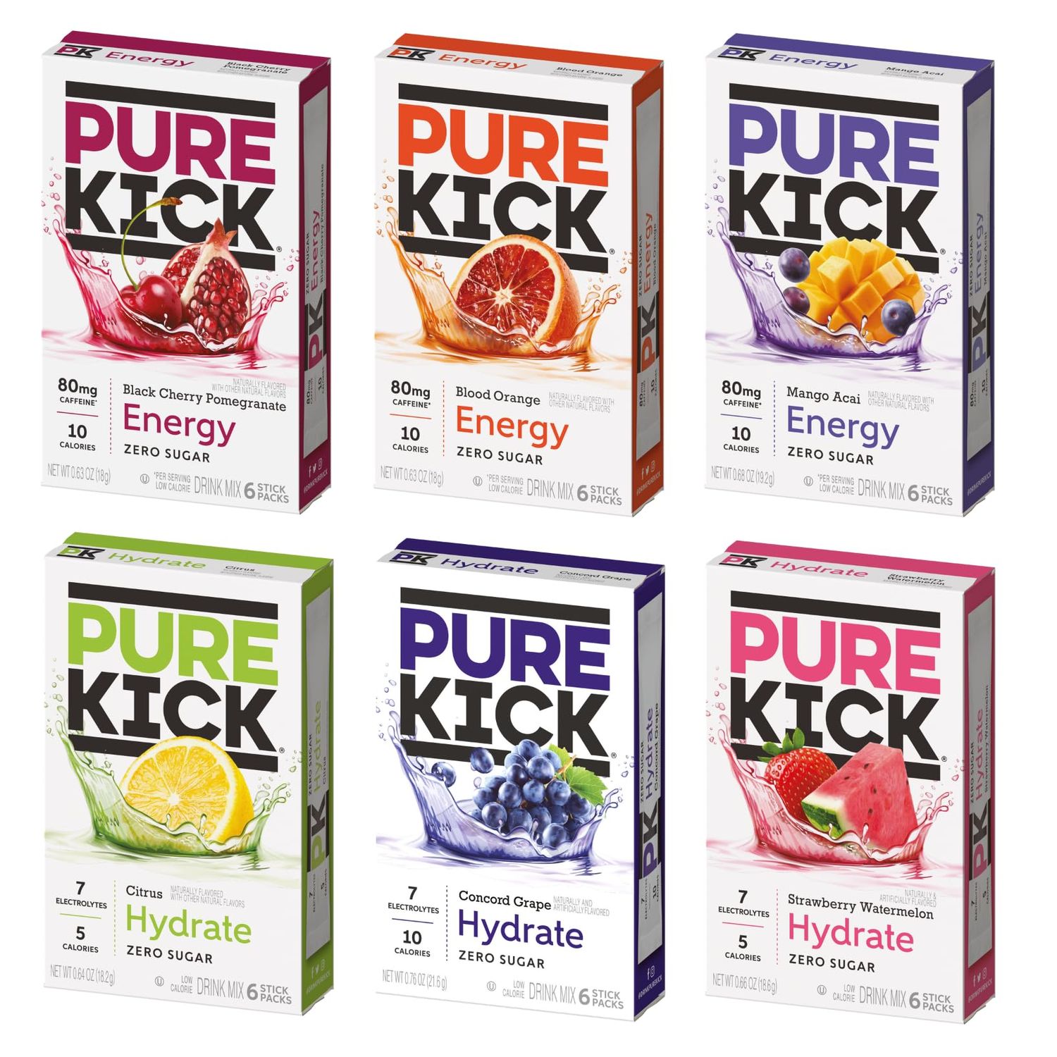 Pure Kick Singles To Go Ultimate Variety Pack, 1 Box Blood Orange,1 Box Mango Acai, 1 Box Black Cherry Pomegranate, 1 Box Citrus, 1 Box Strawberry Watermelon, 1 Box Concord Grape (36 Single Servings)