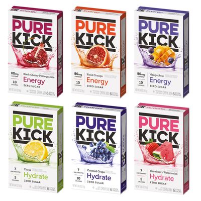Pure Kick Singles To Go Ultimate Variety Pack, 1 Box Blood Orange,1 Box Mango Acai, 1 Box Black Cherry Pomegranate, 1 Box Citrus, 1 Box Strawberry Watermelon, 1 Box Concord Grape (36 Single Servings)