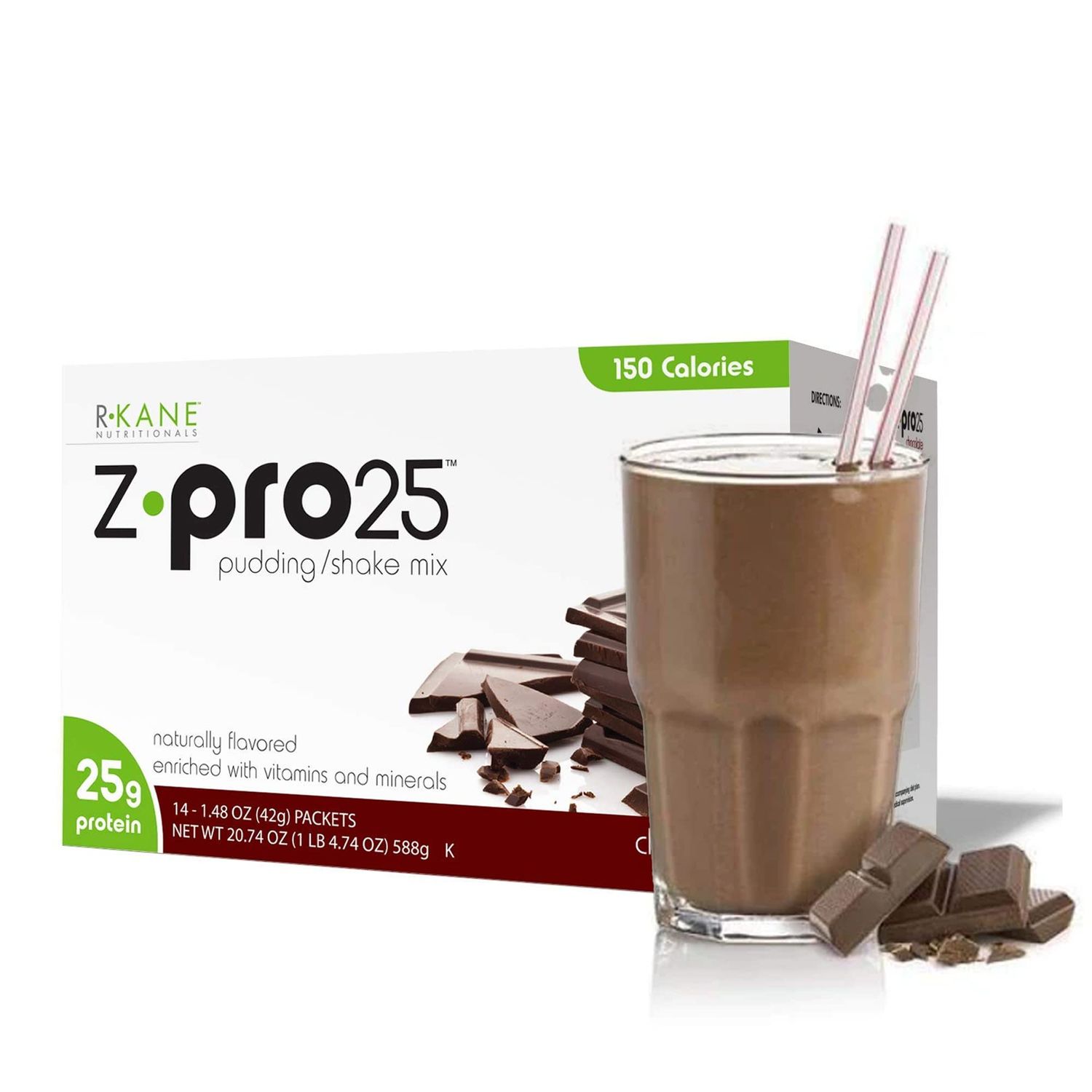 RKane Nutritionals ZPro Chocolate Protein Drink Mix  High Protein Low Calorie Low Fat Shake and Pudding Mix Meal Replacement OntheGo Packets  Breakfast Boost  25g Protein  14 Packets ZPro25