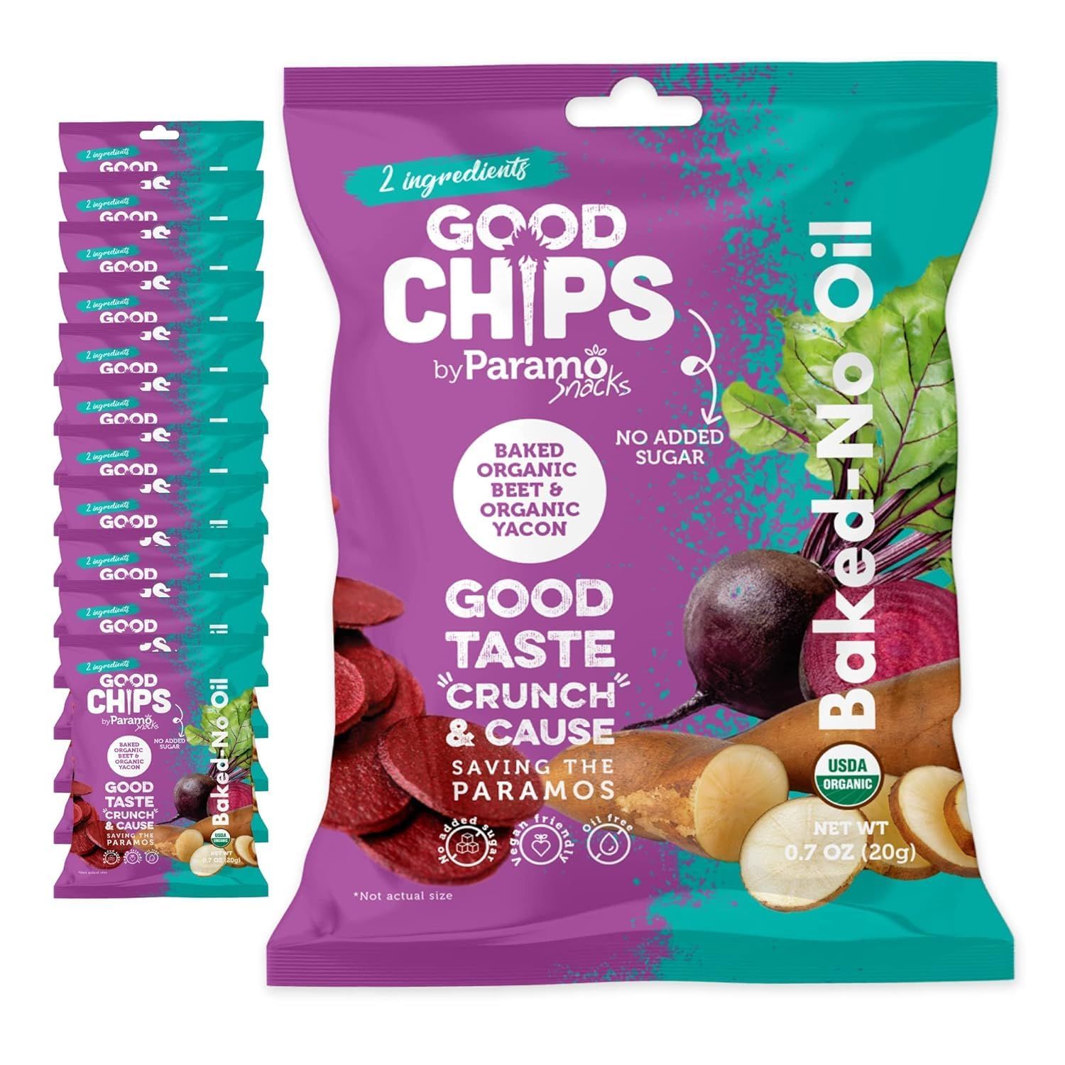 Good Chips Beet &amp; Yacon Chips - Baked, No Oil, No Added Salt - Organic, High Fiber, Preobiotic Superfood - Crunchy, Healthy, Vegan Snack - Pack of 12