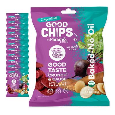 Good Chips Beet &amp; Yacon Chips - Baked, No Oil, No Added Salt - Organic, High Fiber, Preobiotic Superfood - Crunchy, Healthy, Vegan Snack - Pack of 12