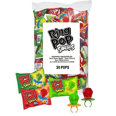 Ring Pop Bulk Sour holiday Candy Lollipop Variety Party Pack - 30 Count Lollipops w/ Assorted Flavors - Candy For Birthdays, Party Favors, Stocking Stuffers, holiday Gifts