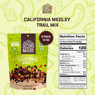 Second Nature California Medley Trail Mix - 12 oz Resealable Snack Pouches (Pack of 6) - Certified Gluten-Free Snack, Nut Trail Mix to Satisfy Hunger