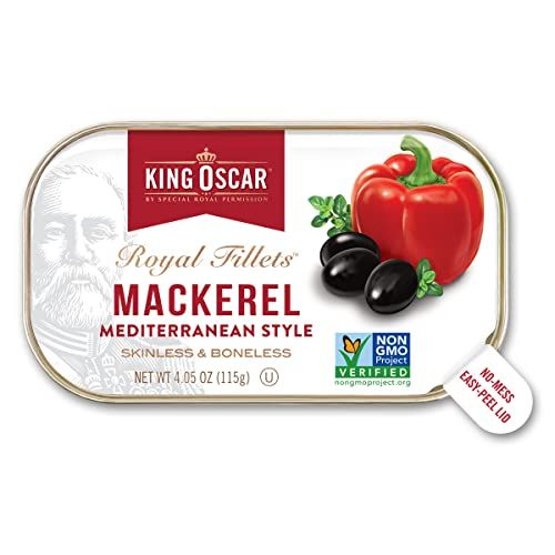 King Oscar Mackerel in Olive Oil, Mediterranean Style, 4.05 Ounce Can (Pack of 12), Skinless &amp; Boneless, Wild Caught Canned Mackerel